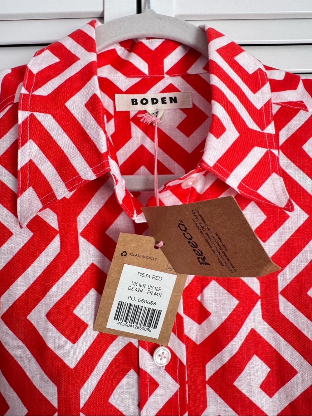 Boden Linen Red Hampstead Button Down Long Sleeve Shirt Geometric Maze 12 NWT - Picture 4 of 8